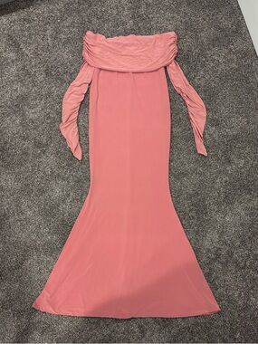 open lace back dress Augusta Blush Pink Mesh Bardot Strappy Split Maternity Maxi Dress – Club L  London main image 1